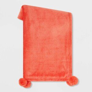 Plush Throw Blanket with Faux Fur Pom-Poms Red